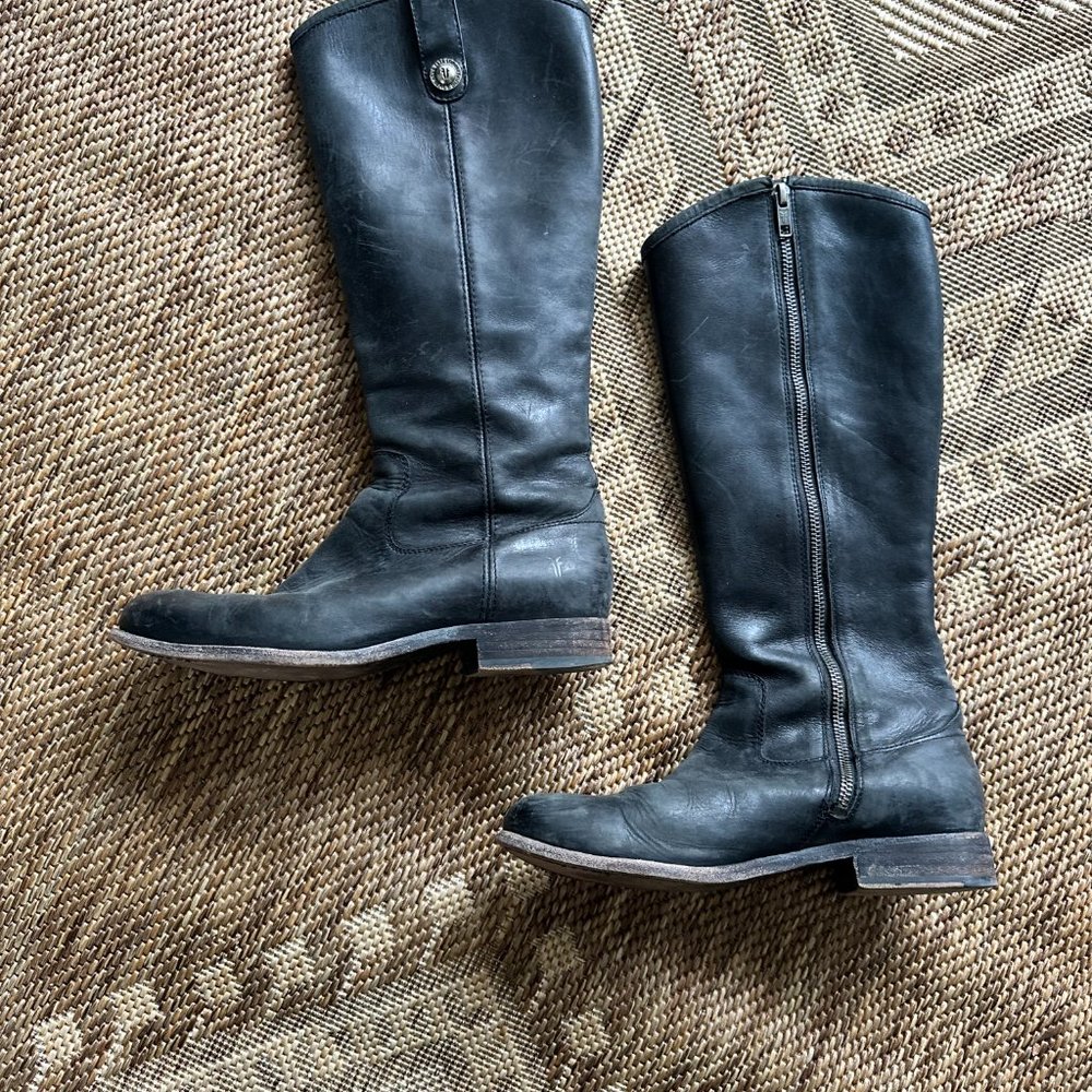 black leather FRYE Tall Riding Boots with side zipper, 7 - Picture 4 of 16